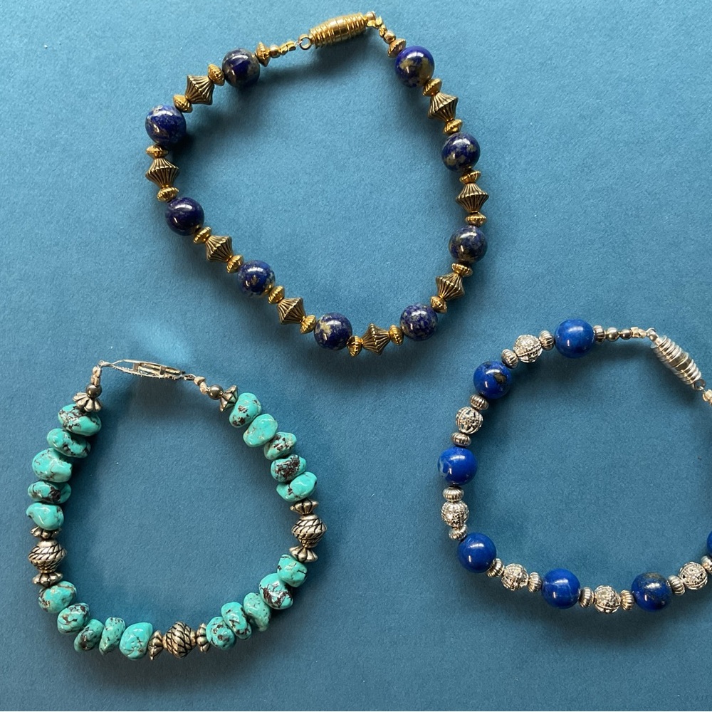 Chic Beaded Bracelet Trio - Turquoise, Blue, Gold